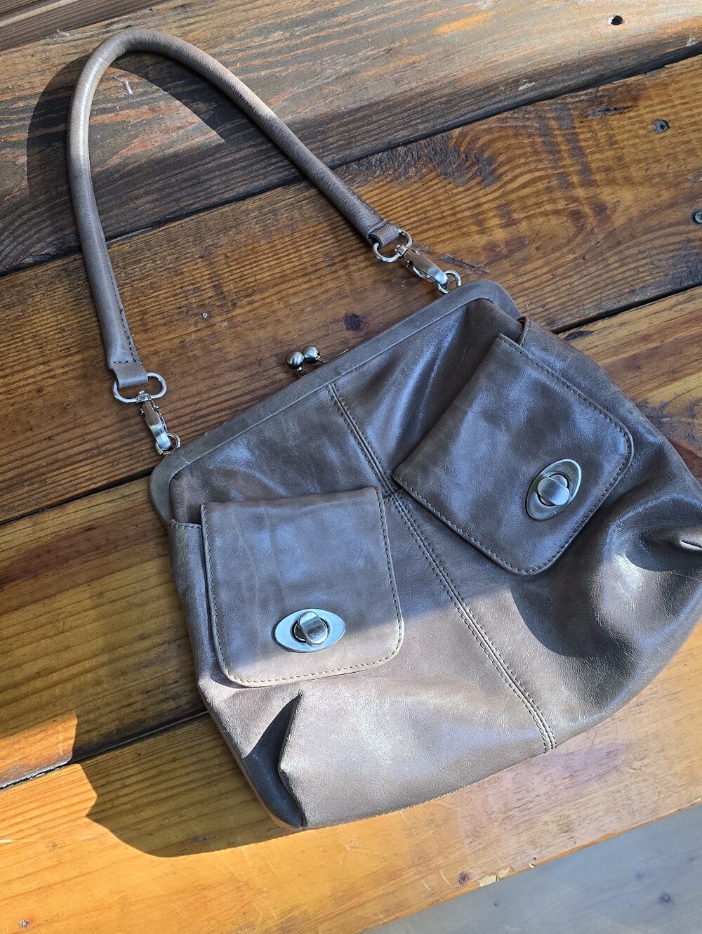Taupe Leather Kisslock Shoulder Bag